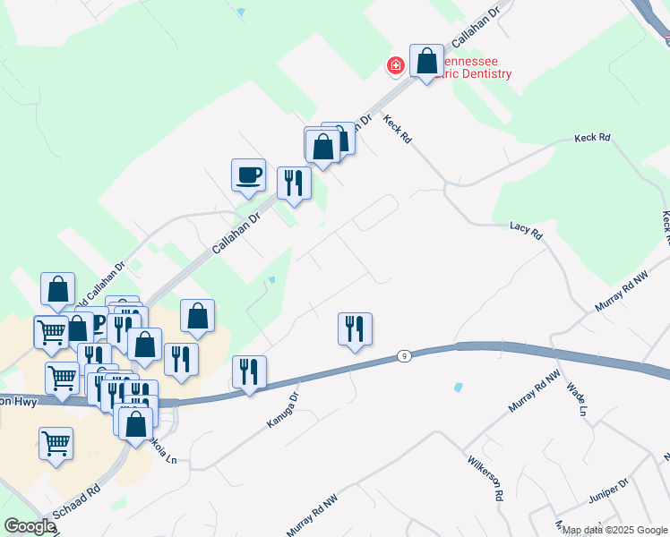 map of restaurants, bars, coffee shops, grocery stores, and more near 6600 Hummer Lane Northwest in Knoxville