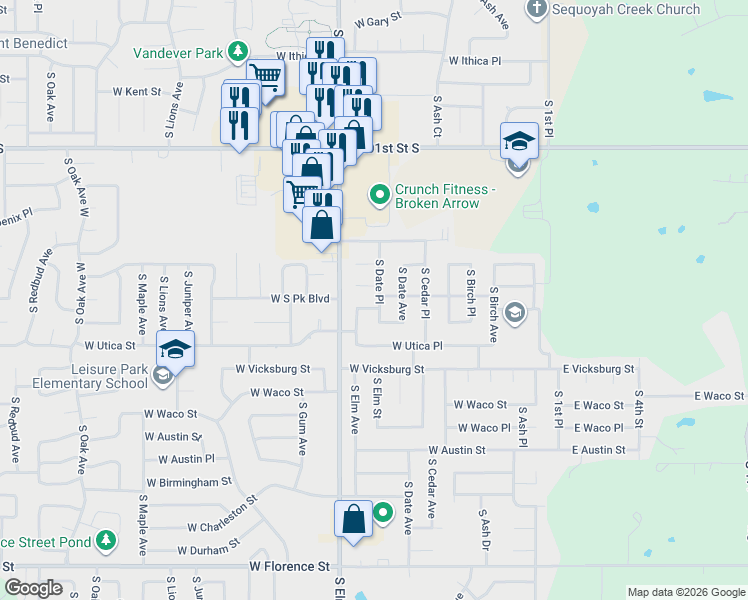 map of restaurants, bars, coffee shops, grocery stores, and more near 504 West Twin Oaks Street in Broken Arrow