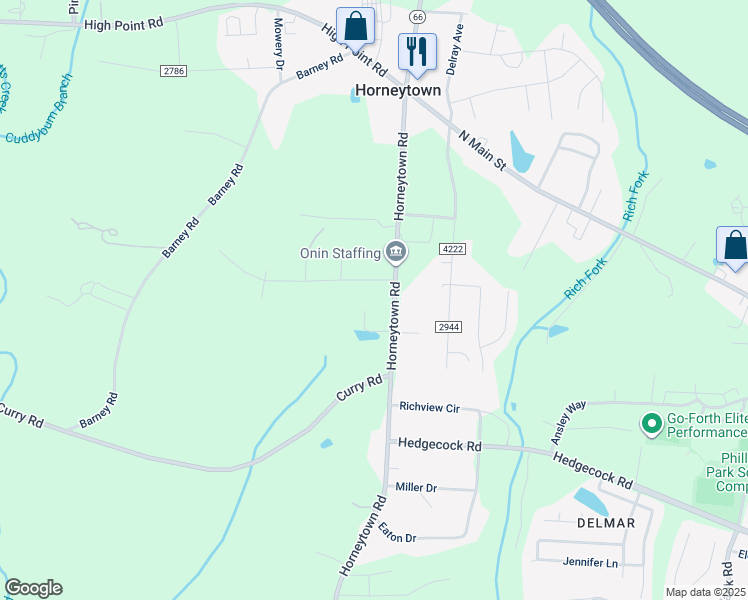 map of restaurants, bars, coffee shops, grocery stores, and more near 204 Horneytown Road in High Point