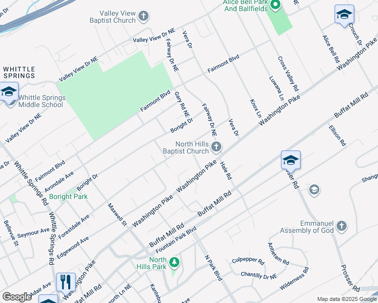 map of restaurants, bars, coffee shops, grocery stores, and more near 2919 Glendale Road in Knoxville