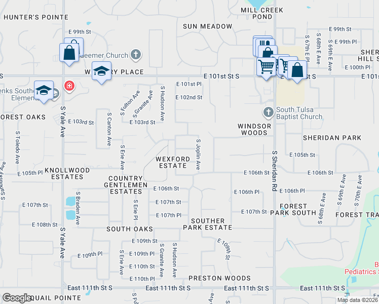 map of restaurants, bars, coffee shops, grocery stores, and more near 5724 East 104th Place in Tulsa