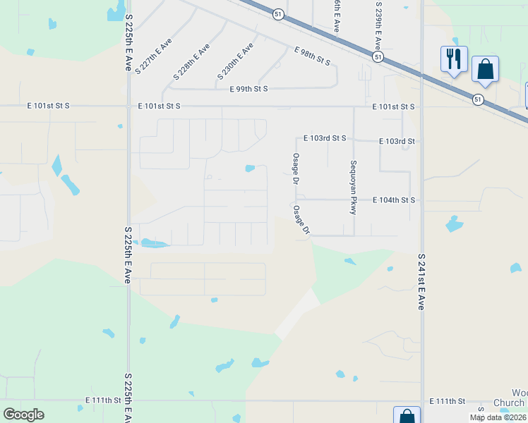 map of restaurants, bars, coffee shops, grocery stores, and more near 23312 East 104th Street South in Broken Arrow