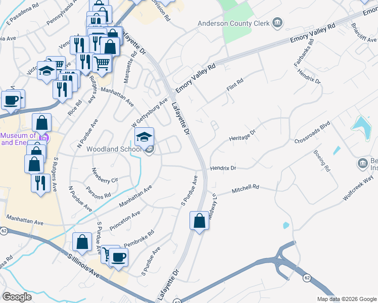 map of restaurants, bars, coffee shops, grocery stores, and more near 129 Marietta Circle in Oak Ridge