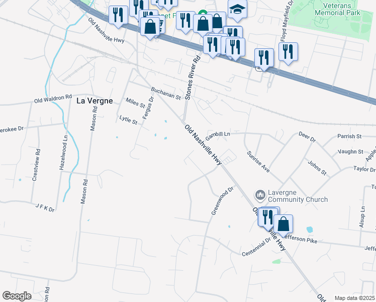 map of restaurants, bars, coffee shops, grocery stores, and more near 324 Kelsey Court in La Vergne