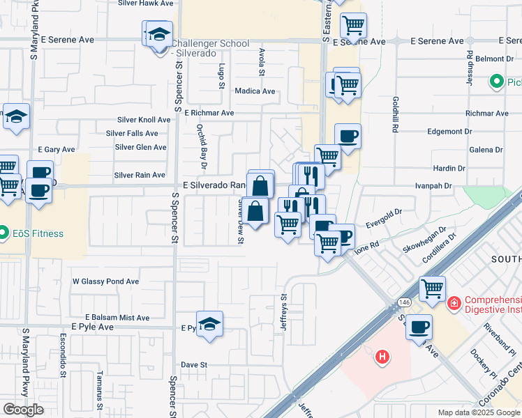 map of restaurants, bars, coffee shops, grocery stores, and more near 9731 South Eastern Avenue in Las Vegas