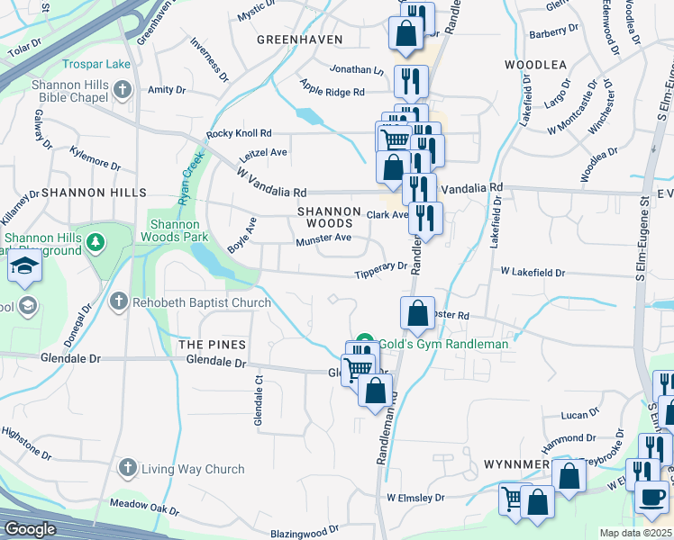 map of restaurants, bars, coffee shops, grocery stores, and more near 518 Tipperary Drive in Greensboro