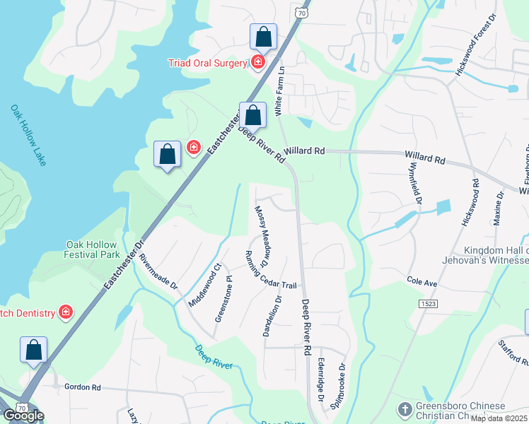 map of restaurants, bars, coffee shops, grocery stores, and more near 2836 Mossy Meadow Drive in High Point