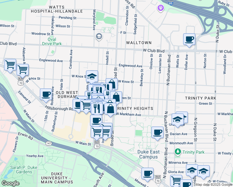 map of restaurants, bars, coffee shops, grocery stores, and more near 901 Broad Street in Durham