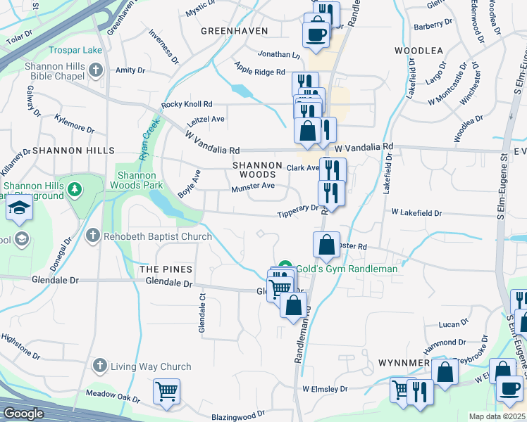 map of restaurants, bars, coffee shops, grocery stores, and more near 518 Tipperary Drive in Greensboro
