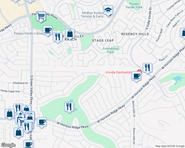 map of restaurants, bars, coffee shops, grocery stores, and more near 2053 High Mesa Drive in Henderson
