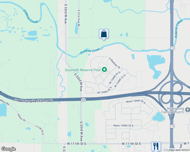 map of restaurants, bars, coffee shops, grocery stores, and more near 4023 West 103rd Court South in Jenks