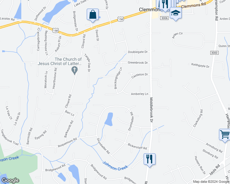 map of restaurants, bars, coffee shops, grocery stores, and more near 6755 Castleton Drive in Clemmons