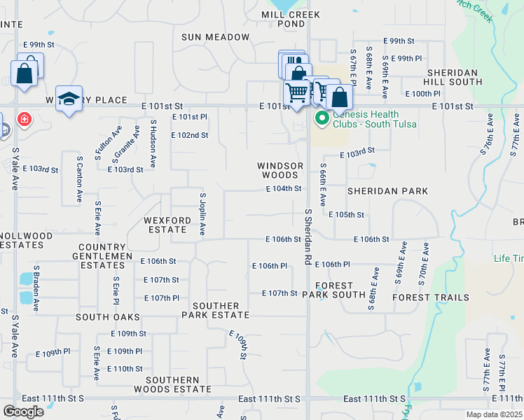 map of restaurants, bars, coffee shops, grocery stores, and more near 6205 East 105th Street in Tulsa