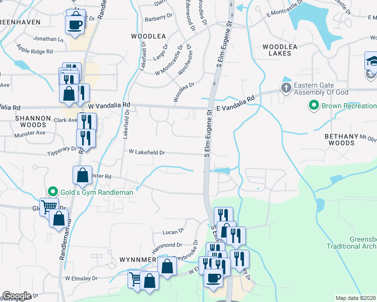 map of restaurants, bars, coffee shops, grocery stores, and more near 106 West Lakefield Drive in Greensboro