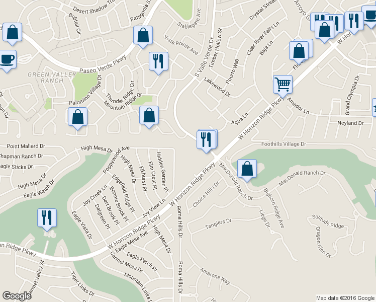 map of restaurants, bars, coffee shops, grocery stores, and more near 1740 West Horizon Ridge Parkway in Henderson