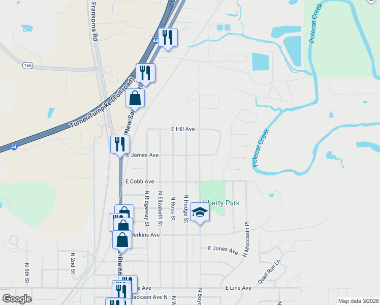 map of restaurants, bars, coffee shops, grocery stores, and more near 901 North Hodge Street in Sapulpa
