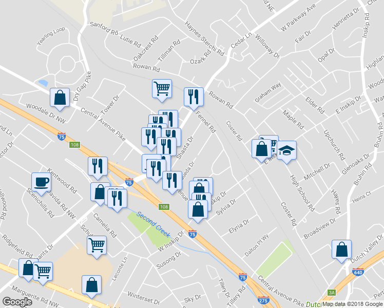 map of restaurants, bars, coffee shops, grocery stores, and more near 117 Naueda Drive in Knoxville