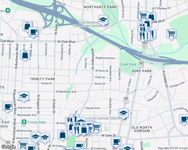 map of restaurants, bars, coffee shops, grocery stores, and more near 330 Clark Street in Durham