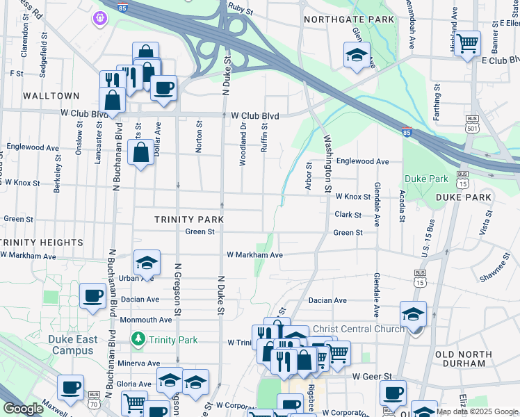 map of restaurants, bars, coffee shops, grocery stores, and more near 1212 Ruffin Street in Durham