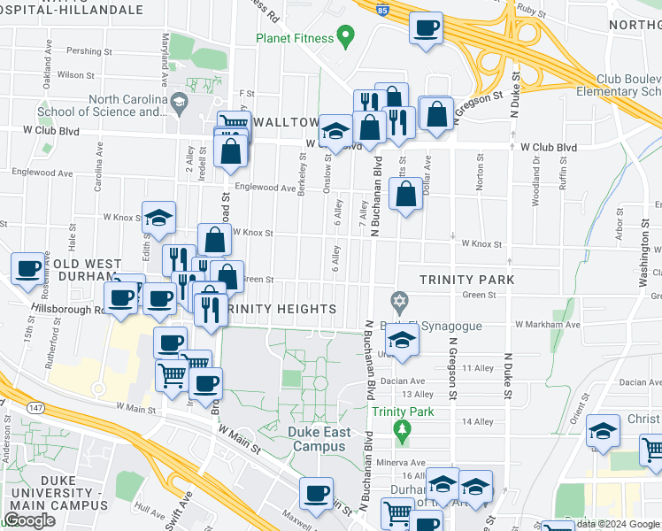 map of restaurants, bars, coffee shops, grocery stores, and more near 905 Lancaster Street in Durham
