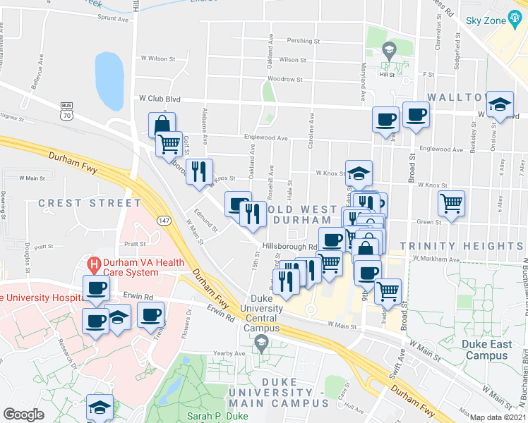 map of restaurants, bars, coffee shops, grocery stores, and more near 2505 Green Street in Durham