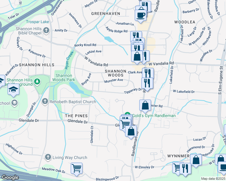 map of restaurants, bars, coffee shops, grocery stores, and more near 524 Tipperary Drive in Greensboro