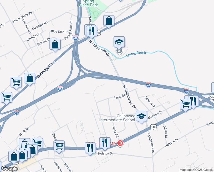 map of restaurants, bars, coffee shops, grocery stores, and more near 4907 Parva Drive in Knoxville