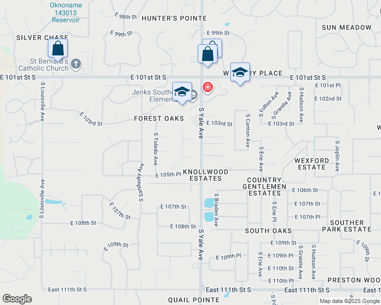 map of restaurants, bars, coffee shops, grocery stores, and more near 10429 South Vandalia Avenue in Tulsa