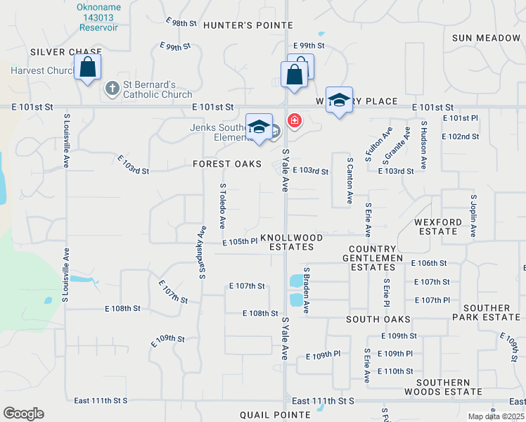 map of restaurants, bars, coffee shops, grocery stores, and more near 10429 South Vandalia Avenue in Tulsa