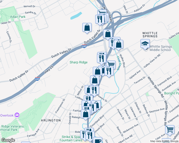map of restaurants, bars, coffee shops, grocery stores, and more near 4216 Acuff Street in Knoxville