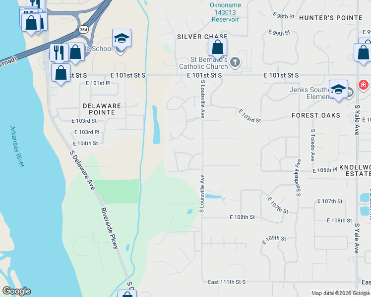 map of restaurants, bars, coffee shops, grocery stores, and more near 3535 East 104th Place in Tulsa