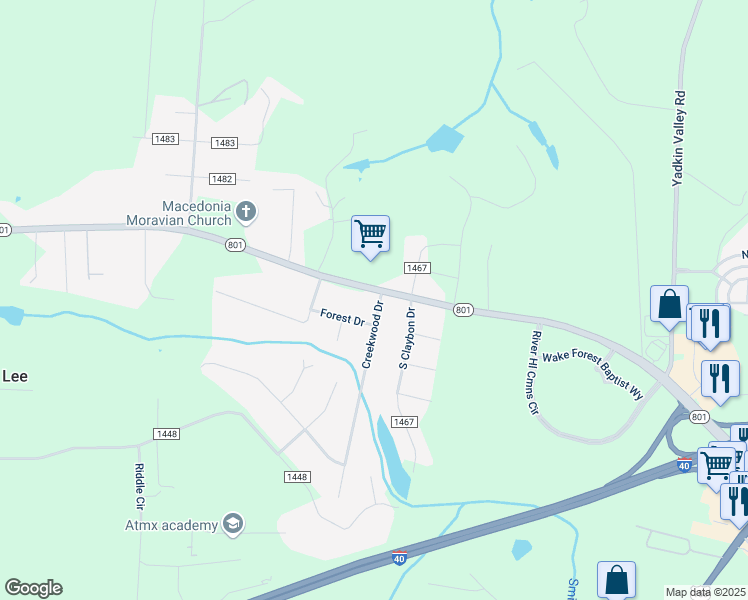 map of restaurants, bars, coffee shops, grocery stores, and more near 108 Creekwood Drive in Advance
