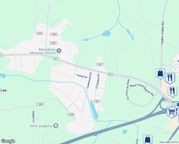 map of restaurants, bars, coffee shops, grocery stores, and more near 108 Creekwood Dr in Advance