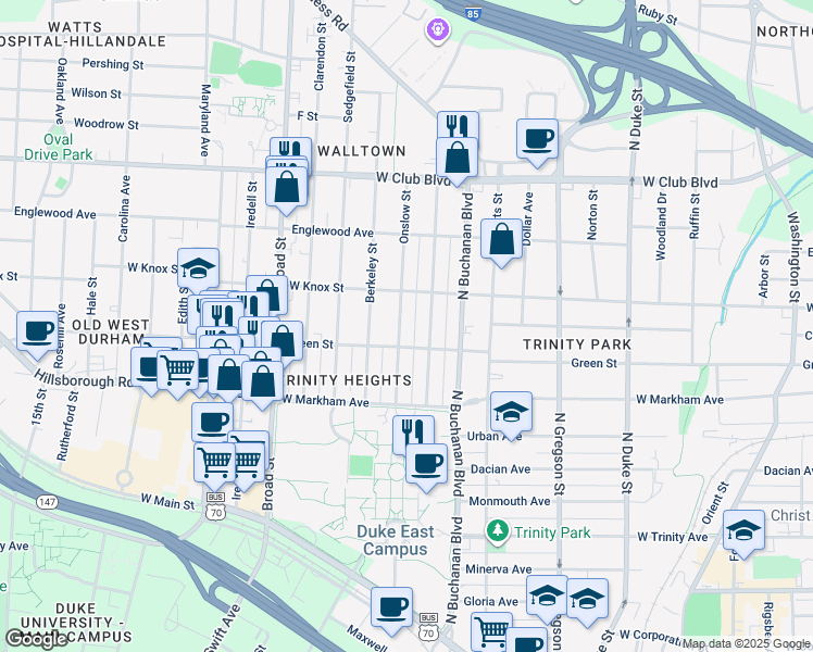 map of restaurants, bars, coffee shops, grocery stores, and more near 908 Onslow Street in Durham
