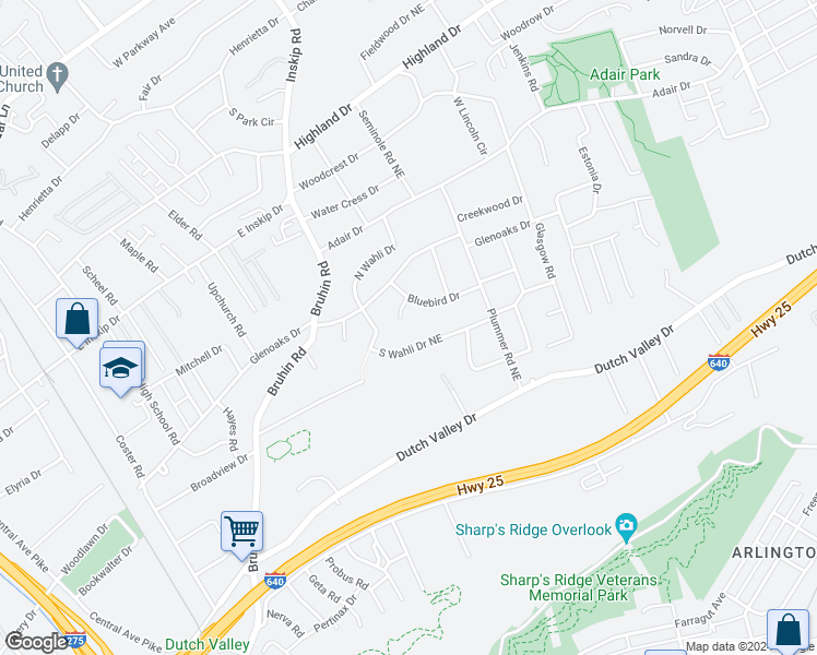 map of restaurants, bars, coffee shops, grocery stores, and more near 1104 Thrush Lane Northeast in Knoxville