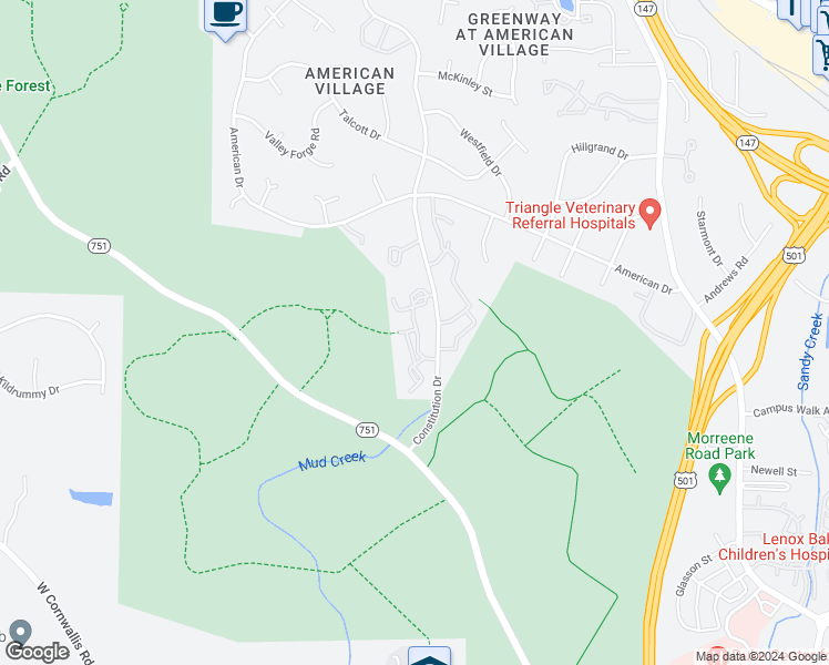 map of restaurants, bars, coffee shops, grocery stores, and more near 100 Constitution Drive in Durham
