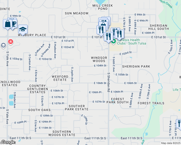 map of restaurants, bars, coffee shops, grocery stores, and more near 6205 East 105th Street in Tulsa