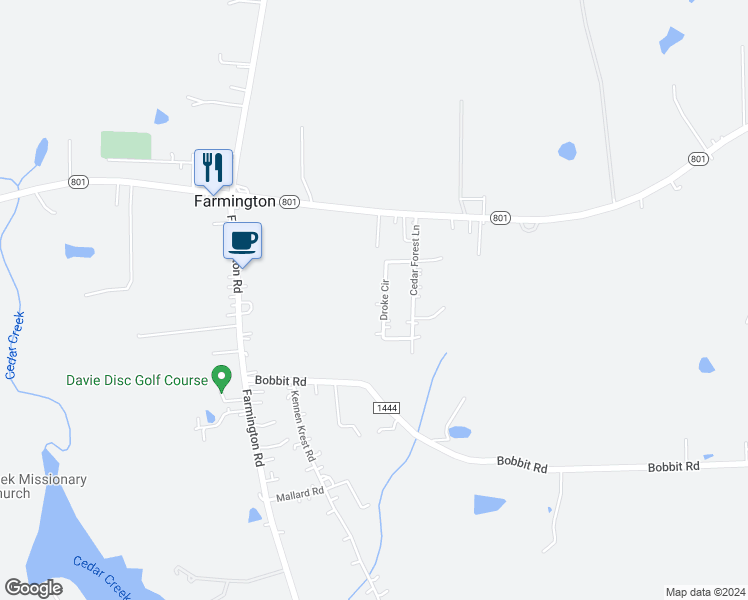 map of restaurants, bars, coffee shops, grocery stores, and more near 168 Droke Circle in Mocksville