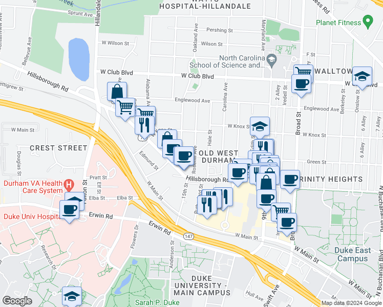 map of restaurants, bars, coffee shops, grocery stores, and more near 2502 Green Street in Durham