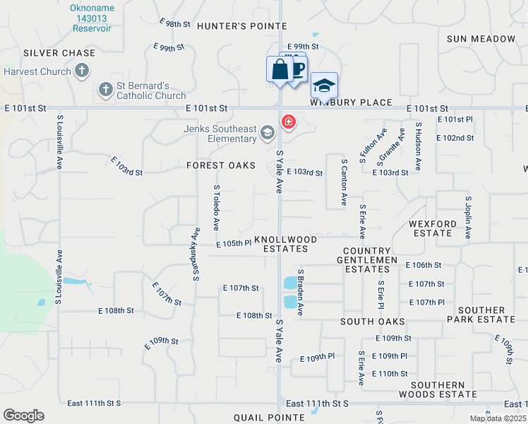 map of restaurants, bars, coffee shops, grocery stores, and more near 10429 South Vandalia Avenue in Tulsa