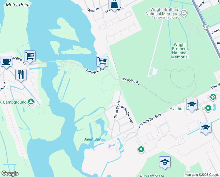map of restaurants, bars, coffee shops, grocery stores, and more near 103 Pirates Moor Drive in Kill Devil Hills