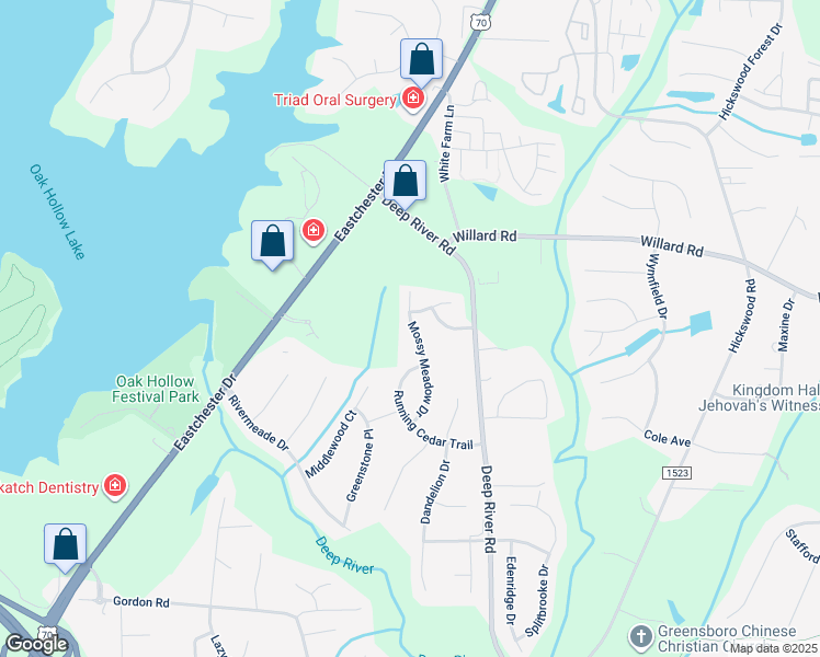 map of restaurants, bars, coffee shops, grocery stores, and more near 2855 Mossy Meadow Drive in High Point