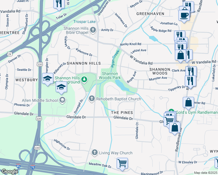 map of restaurants, bars, coffee shops, grocery stores, and more near 3111 Pine Cone Trail in Greensboro
