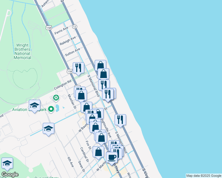 map of restaurants, bars, coffee shops, grocery stores, and more near 503 South Virginia Dare Trail in Kill Devil Hills