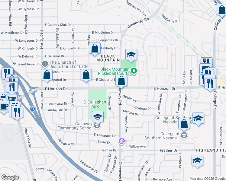 map of restaurants, bars, coffee shops, grocery stores, and more near 385 Jann Drive in Henderson