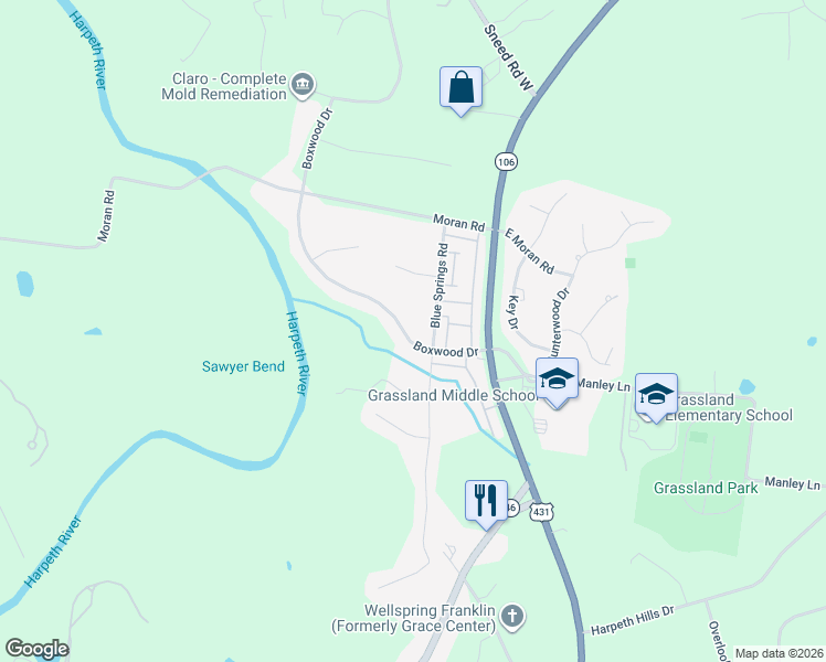 map of restaurants, bars, coffee shops, grocery stores, and more near 1009 Boxwood Drive in Franklin