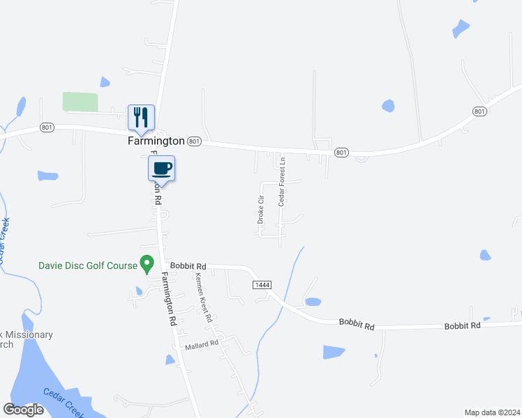 map of restaurants, bars, coffee shops, grocery stores, and more near 168 Droke Circle in Mocksville