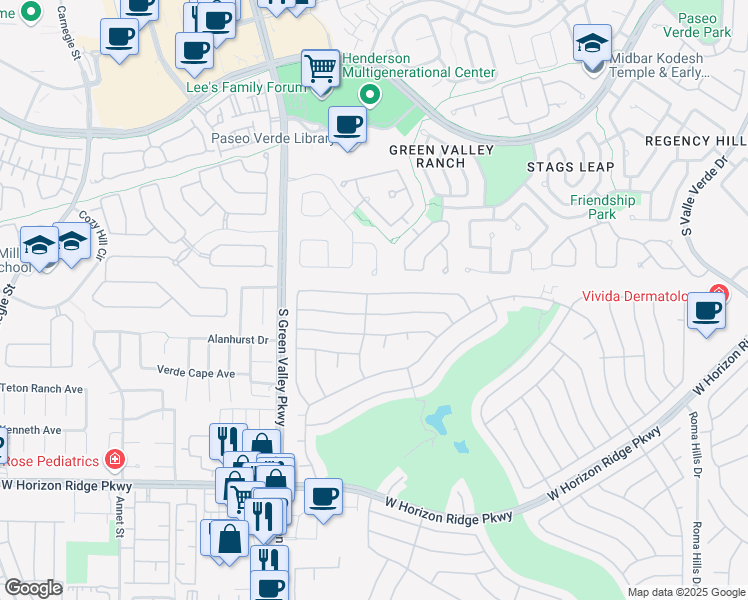 map of restaurants, bars, coffee shops, grocery stores, and more near 2157 Point Mallard Drive in Henderson