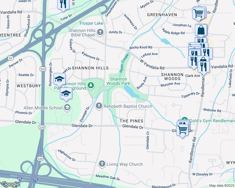 map of restaurants, bars, coffee shops, grocery stores, and more near 3111 Pine Cone Trail in Greensboro