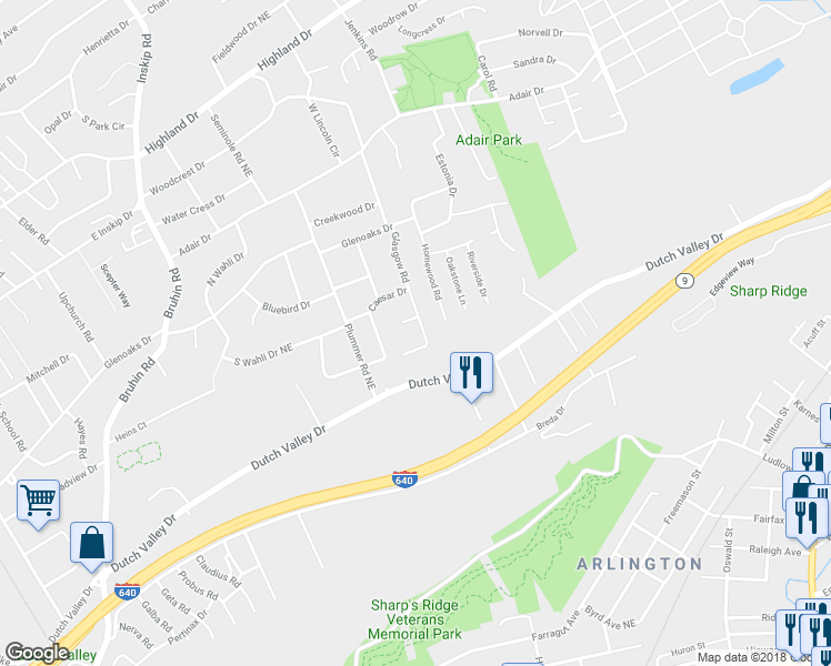 map of restaurants, bars, coffee shops, grocery stores, and more near 4205 Glasgow Road in Knoxville